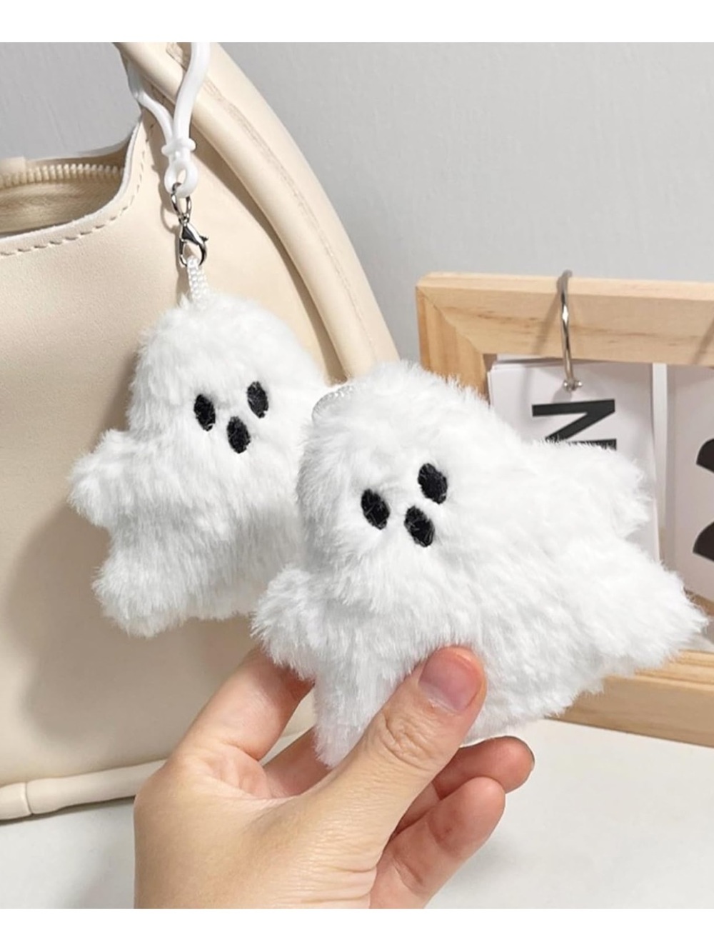 π»NEW Ghost Plush Bag Charm/ Keychain Fluffy White Cute Goth Spooky Horror - Picture 5 of 6